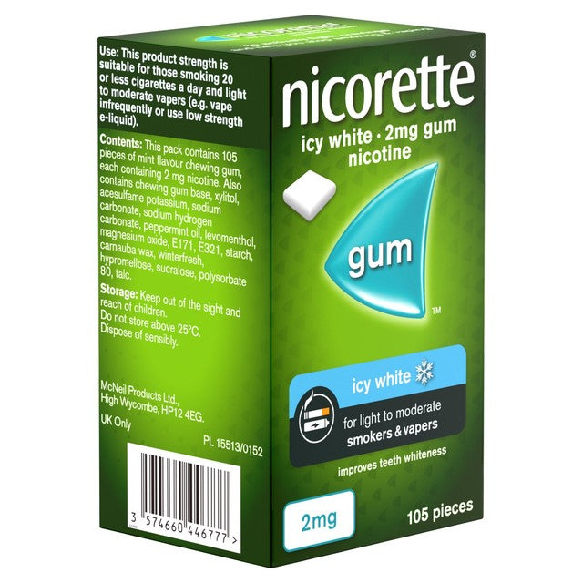 Nicorette icy white nicotine gum 2mg 105 pieces, imported from the UK