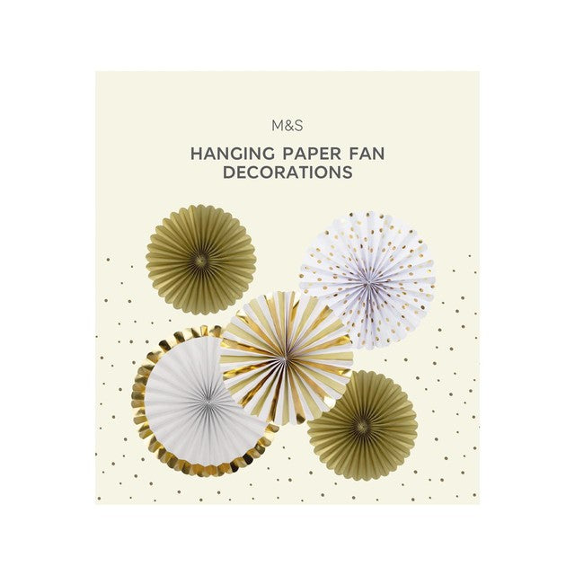 M&S gold and silver hanging paper fan decorations 5-pack, imported from the UK