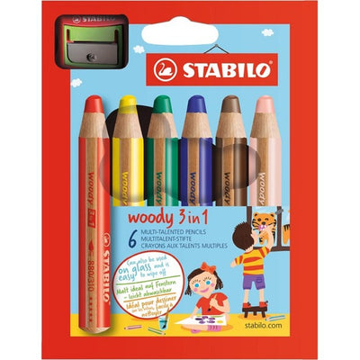 Stabilo Woody 3in1 Colouring Pencil Set 6 Colours with Sharpener Stationery