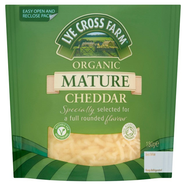 Lye Cross Farm organic grated mature cheddar cheese 180g, UK version