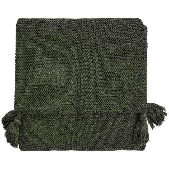 M&S knitted tassel throw dark green, imported from the UK