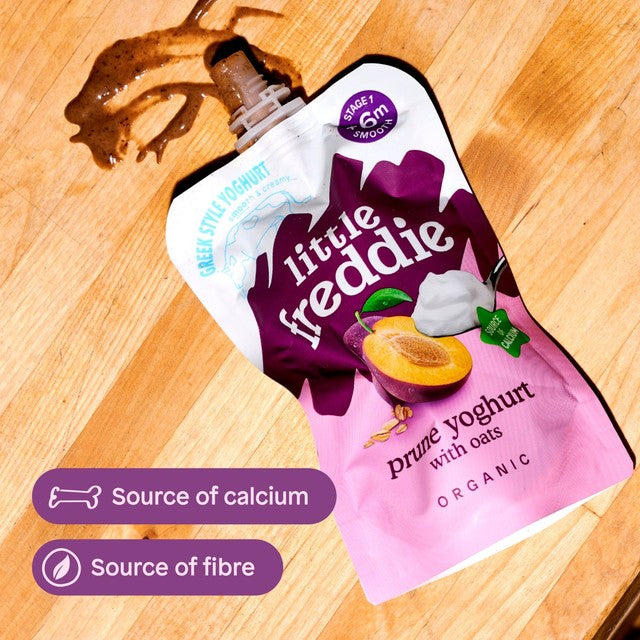 Little Freddie prune yoghurt with oats baby food pouch 100g, UK version