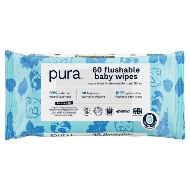 Pura plastic-free flushable baby wipes 3-pack of 60 each, imported from the UK