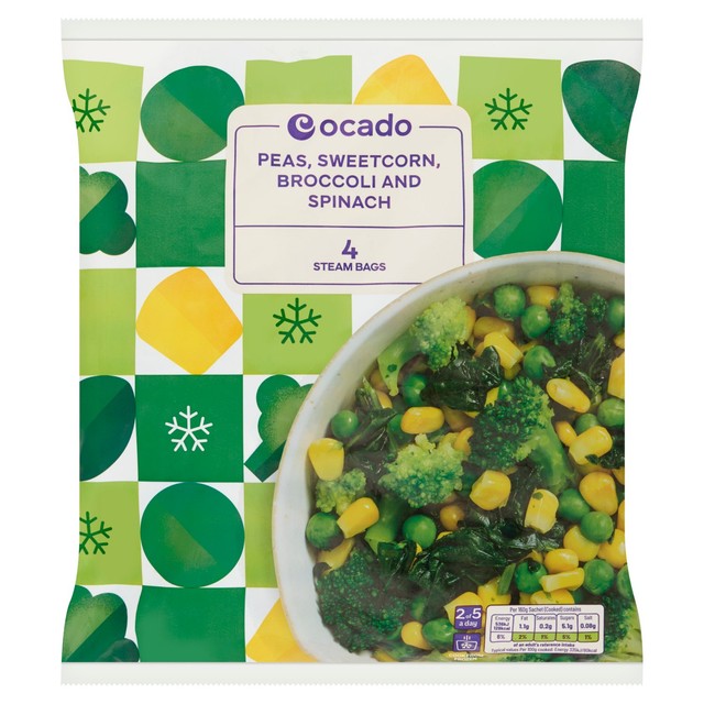 Ocado frozen mixed greens and sweetcorn steam bags 640g, imported from the UK