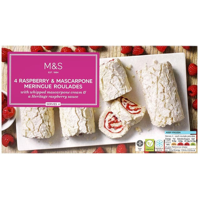 M&S raspberry and mascarpone meringue roulades 370g, imported from the UK