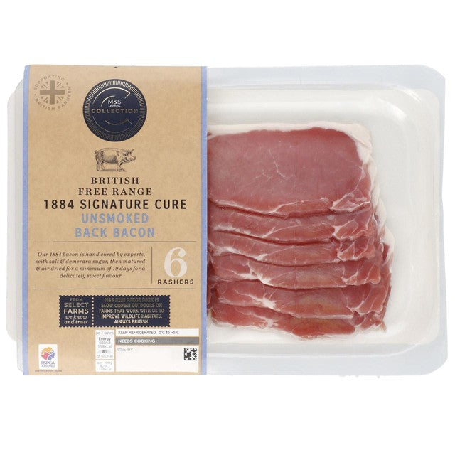 M&S dry cured unsmoked back bacon 240g, imported from the UK