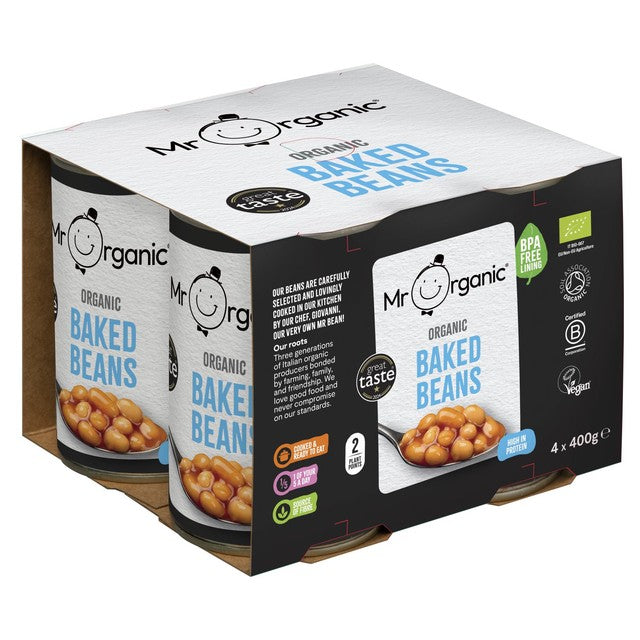 Mr Organic baked beans in tomato sauce 4x400g pack, imported from the UK