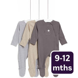 M&S Girls Cotton Striped Plain Sleepsuits Grey 9-12 Months Pack of 3