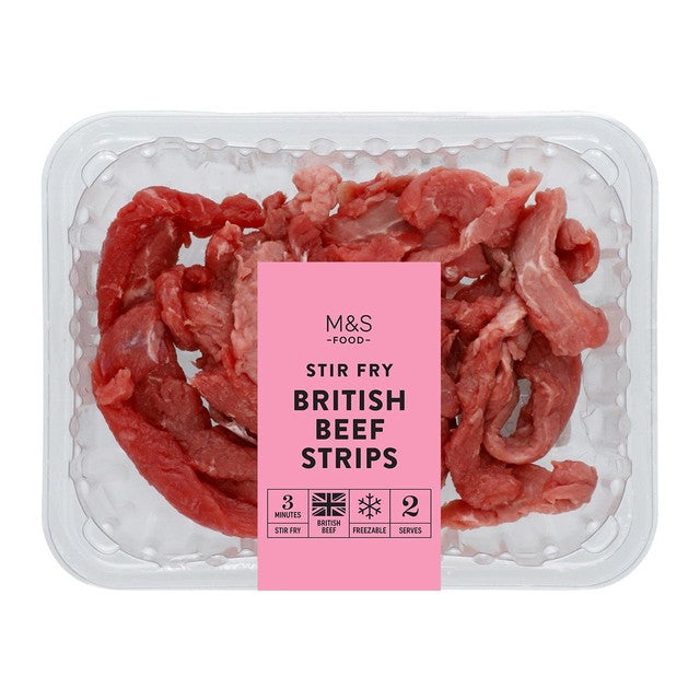 M&S beef stir fry strips 250g, imported from the UK