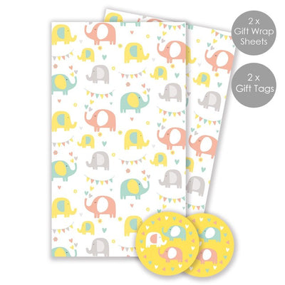 Abacus Elephant Fun Gift Wrap and Tags Pack with 2 Sheets and 2 Tags