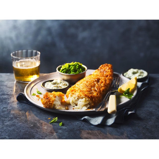 M&S Gastropub battered fish and peas ready meal 640g, imported from the UK