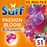 Surf Passion Bloom laundry detergent capsules 51 washes (British brand)