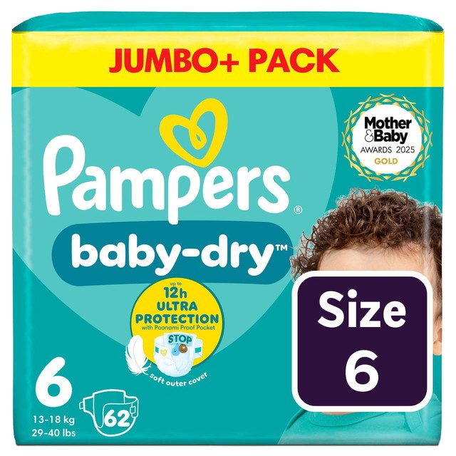 Pampers Baby-Dry nappies Size 6 (13-18kg) Jumbo+ Pack, imported from the UK
