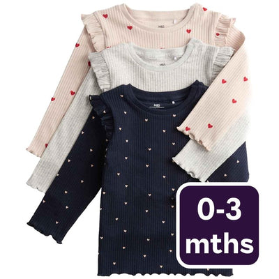 M&S Heart Print Cotton Tops Long Sleeve Navy Baby 0-3 Months