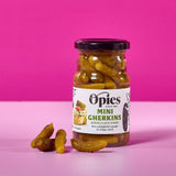 Opies Mini Gherkins in Slightly Sweetened Spirit Vinegar 227g, imported from the UK