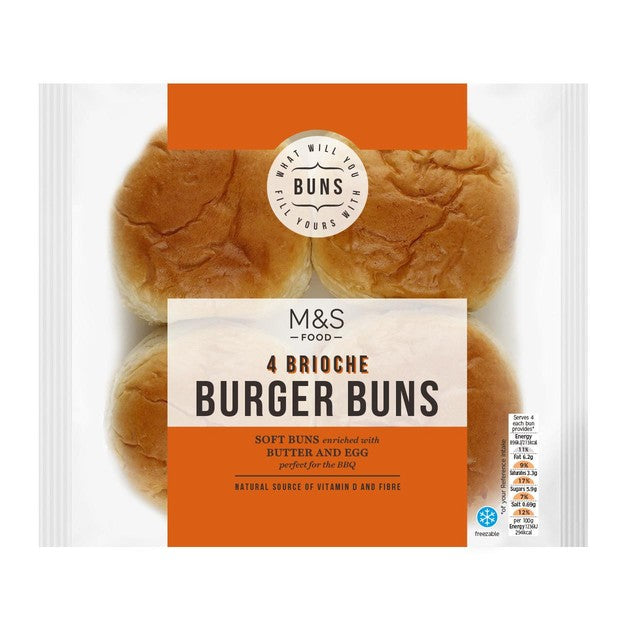 M&S brioche burger buns 4 pack, imported from the UK