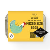 M&S free range mixed size eggs 6 pack, imported from the UK