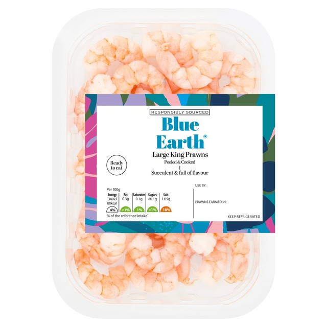 Blueearth cooked and peeled king prawns 150g - British product