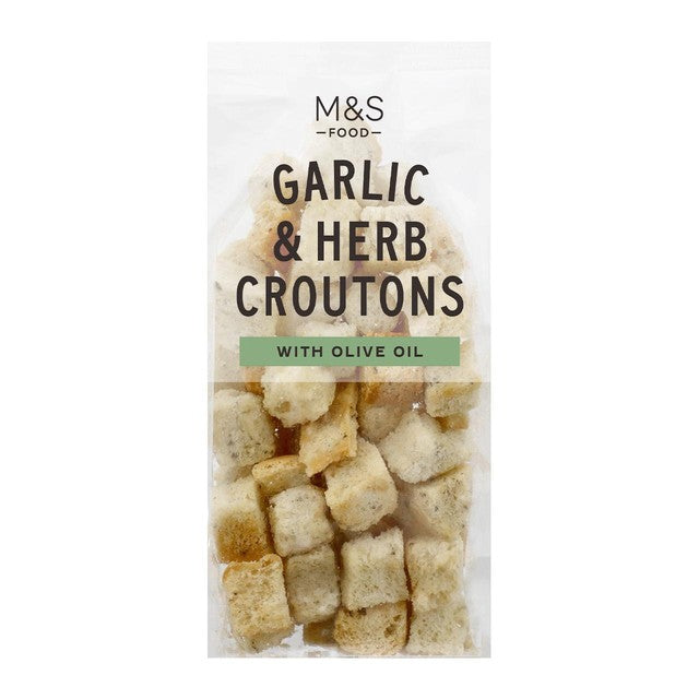 M&S Garlic Herb Focaccia Croutons 80g, imported from the UK