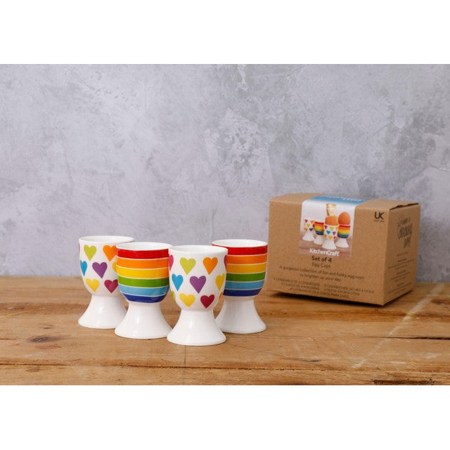 KitchenCraft ceramic egg cup set with rainbow stripes and heart pattern, UK version