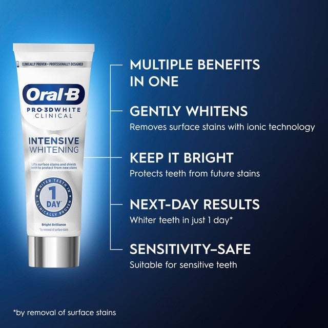 Oral-B 3D White Clinical Intensive Whitening Mint Fusion toothpaste 75ml, imported from the UK