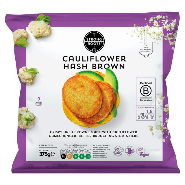 Strong Roots cauliflower hash browns 375g (British brand)