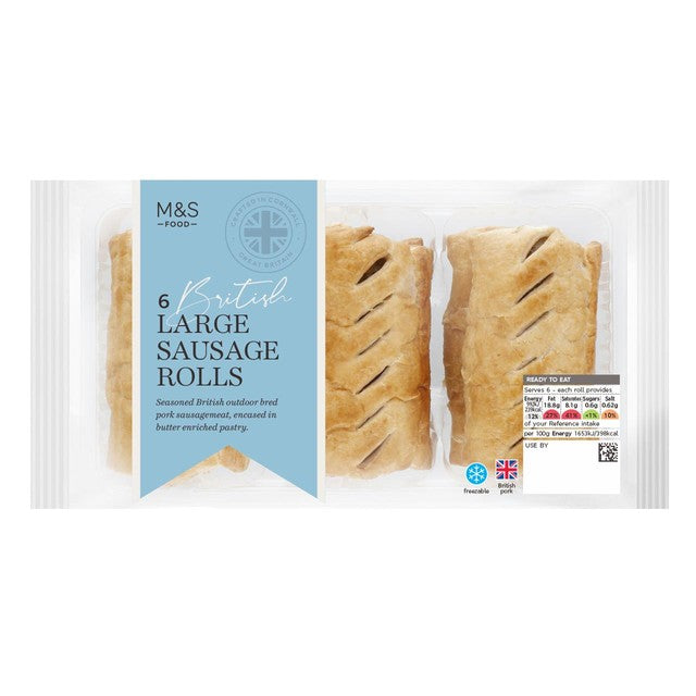M&S large pork sausage rolls 6 pack 360g, imported from the UK