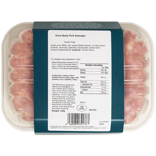 DukesHill gluten-free extra meaty pork sausages 400g - British product