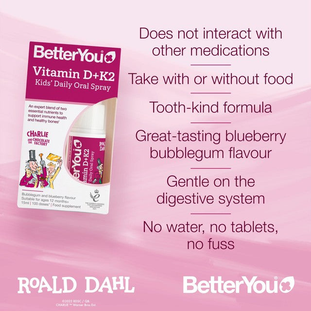BetterYou Kids Vitamin D+K2 Oral Spray Bubblegum Blueberry 15ml - British product