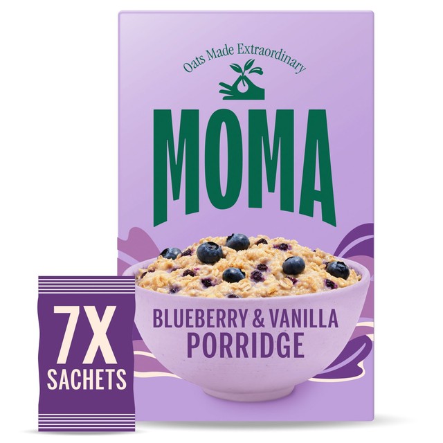 MOMA Blueberry & Vanilla Porridge Sachets, imported from the UK