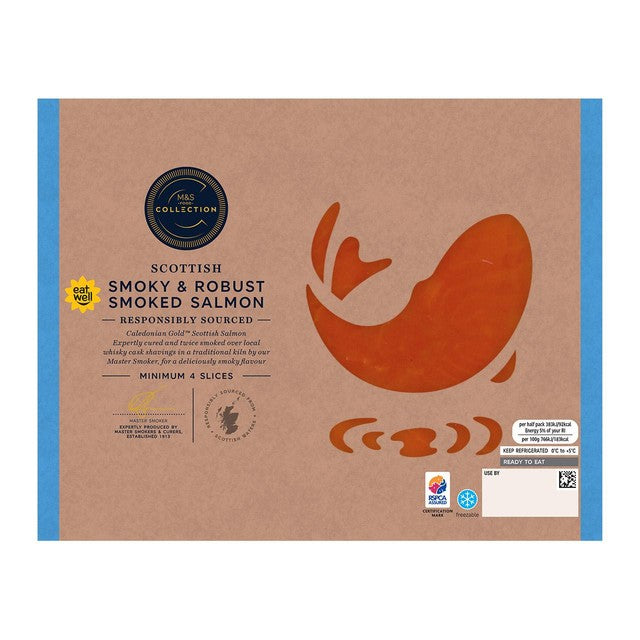 M&S Scottish Smoky & Robust Smoked Salmon 100g, imported from the UK