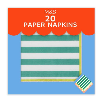M&S Green & White Striped 3-Ply Paper Napkins 20 per pack