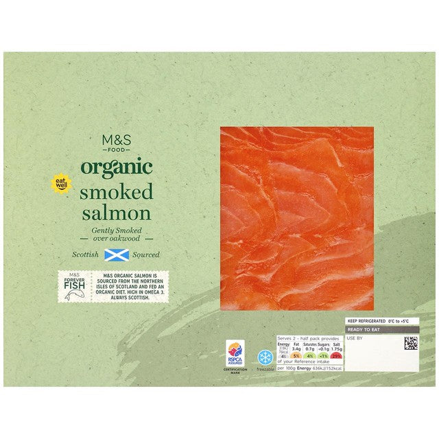 M&S organic smoked salmon 100g, imported from the UK