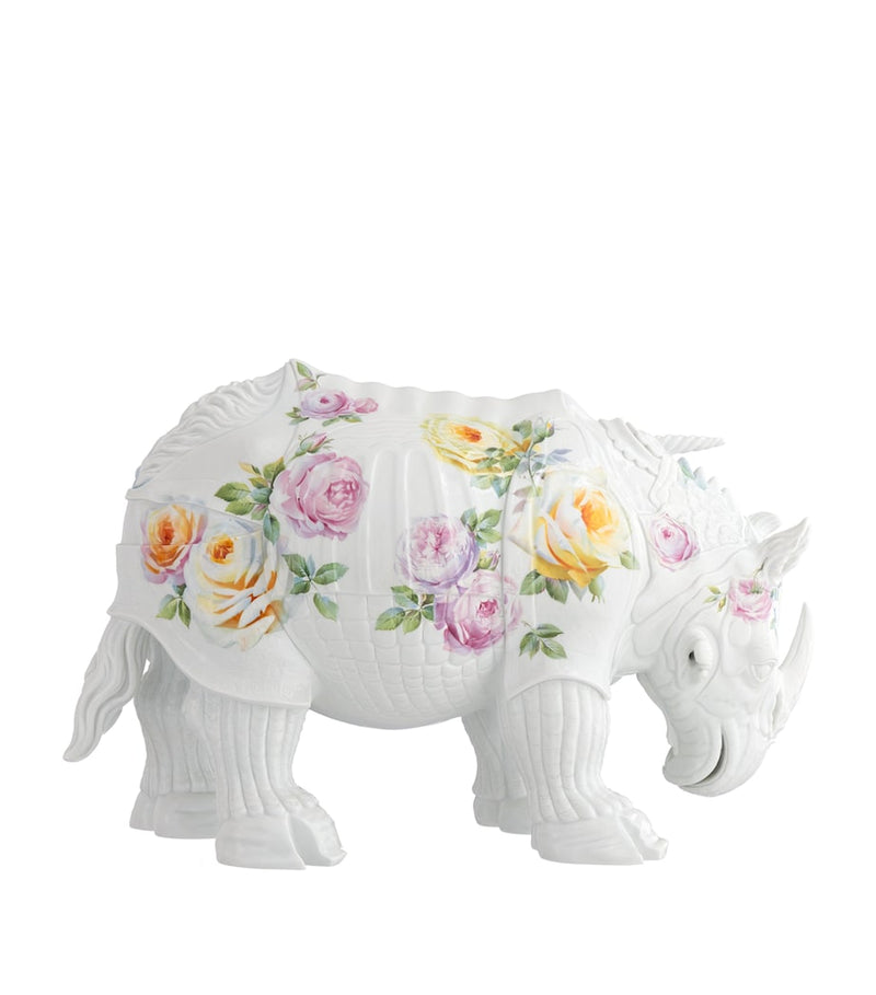 Fine Porcelain Rhinoceros Figurine with Hand-Painted Roses, Height 28cm