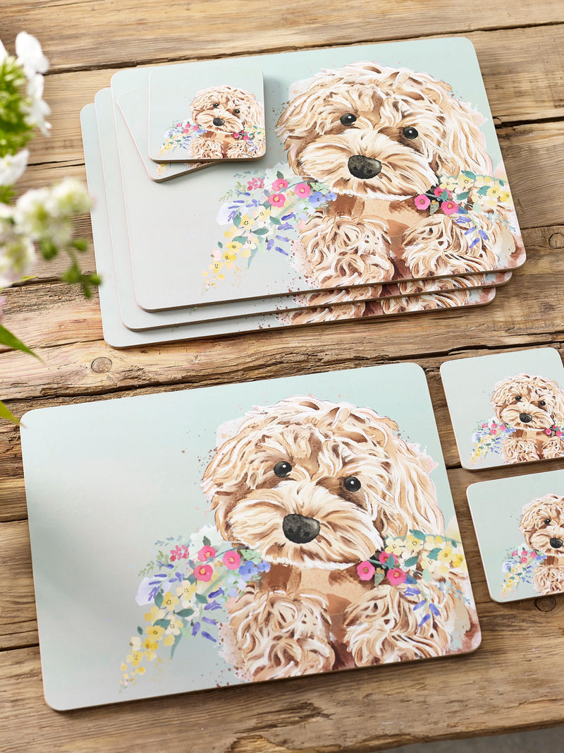 Set of 4 Sage Green Charlie Cockapoo Placemats And Coasters