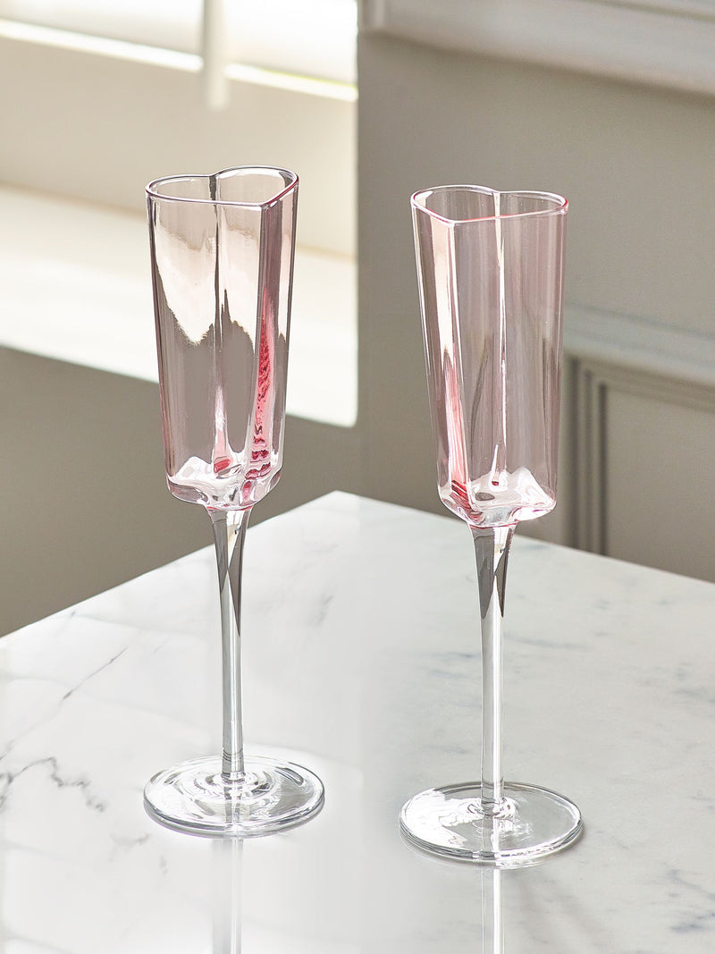 Pink Set of 2 Heart Champagne Flutes Glassware