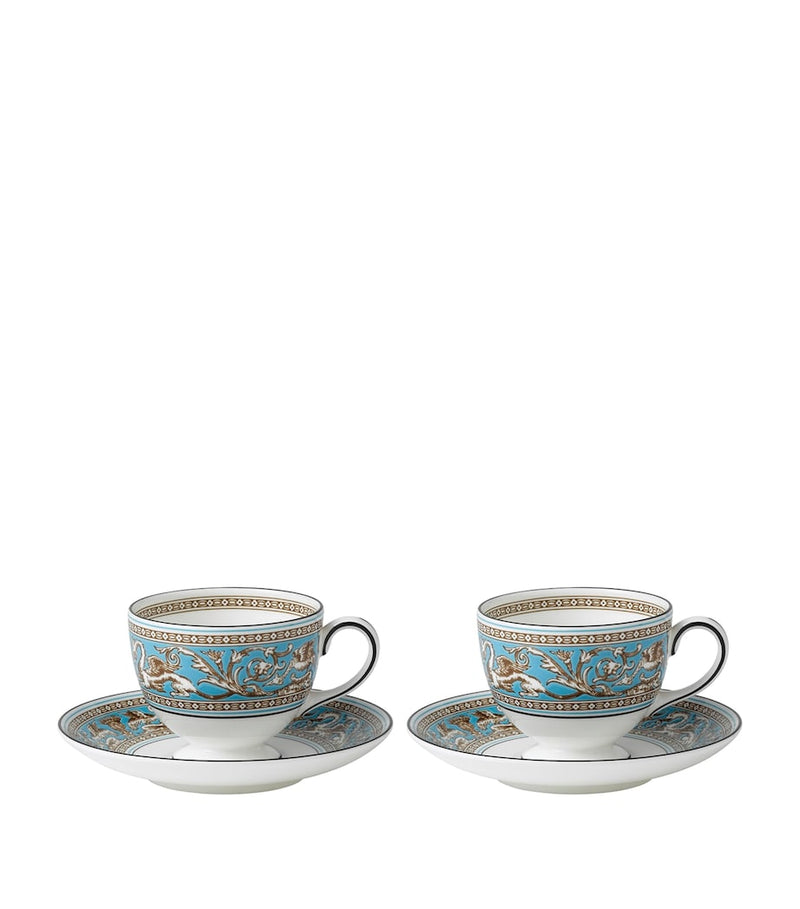 Wedgwood Florentine Turquoise teacups and saucers set of 2 (British brand)