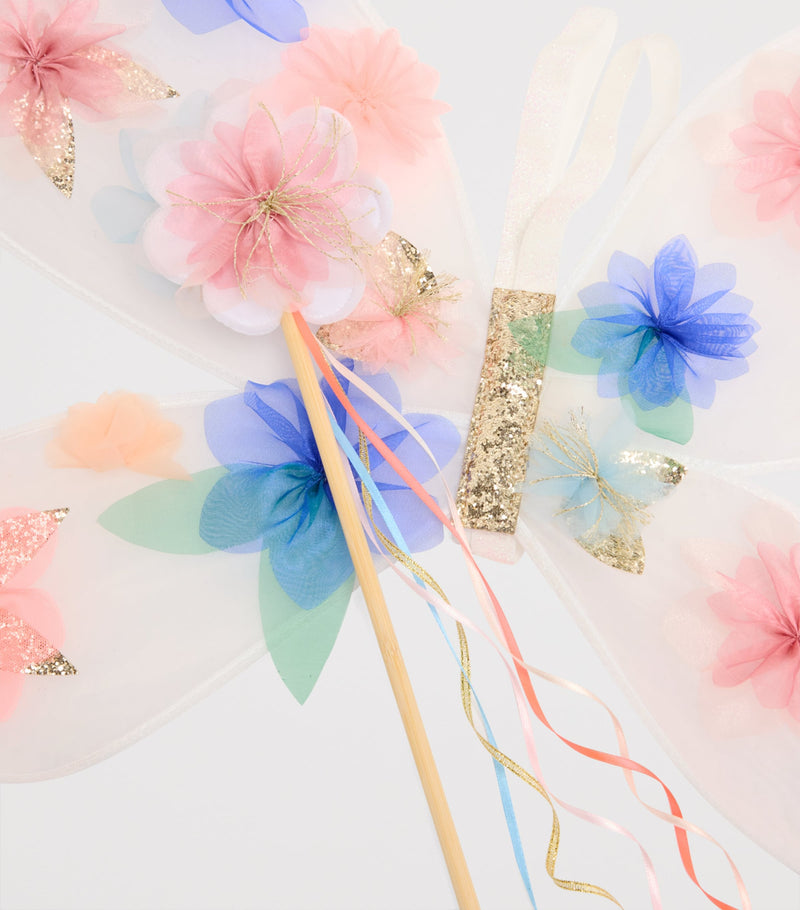 Meri Meri organza flowers wings and wand set, imported from the UK