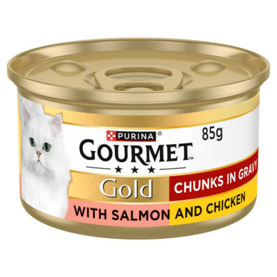 GOURMET Gold wet cat food salmon and chicken chunks in gravy 85g, UK version
