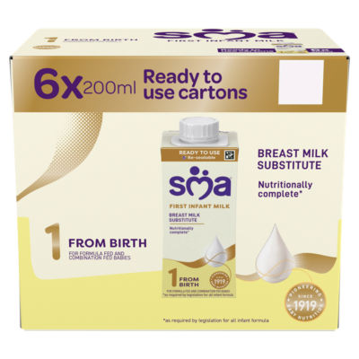 SMA First Infant Milk from Birth Ready to Feed Formula 6 x 200ml