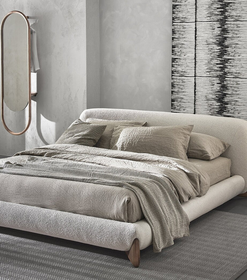 Minimalist Upholstered Bed with Adjustable Headboard and Walnut Wood Feet 240cm Wide