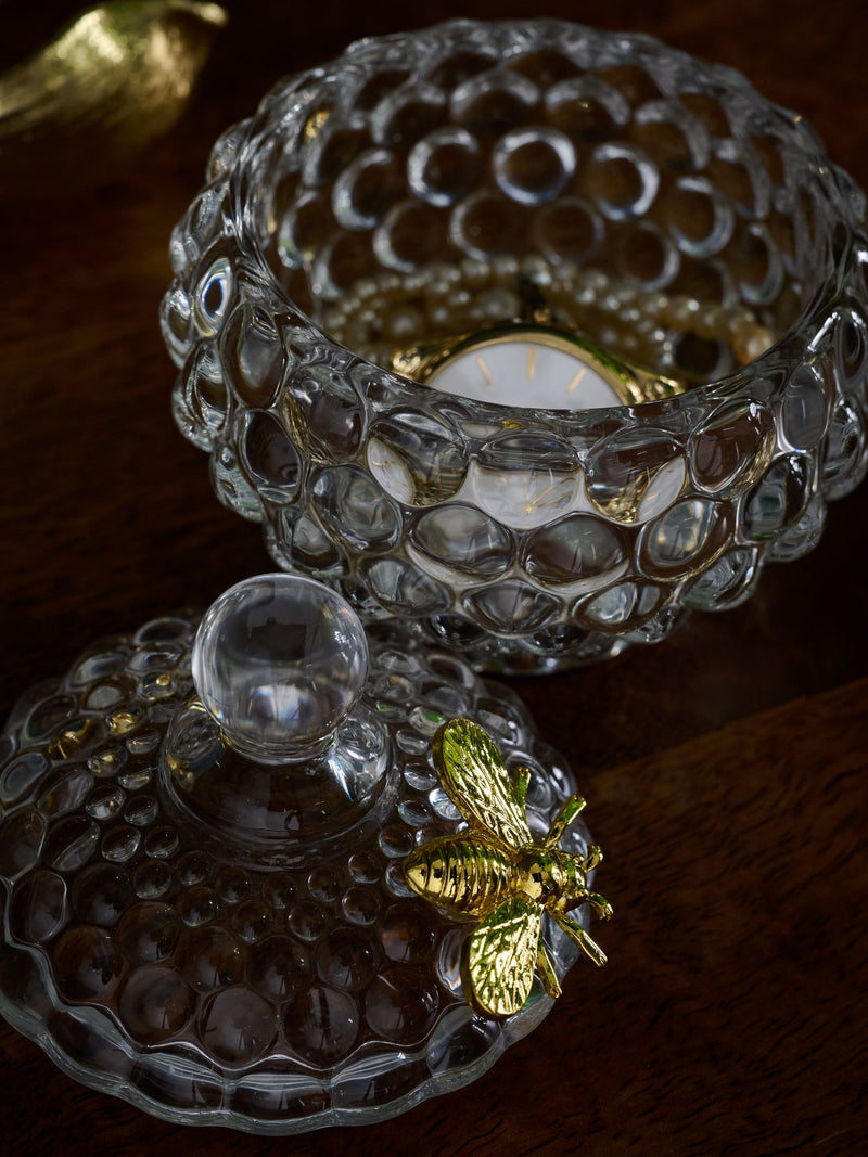 Clear bee glass trinket dish with gold bee lid, 11x10x10cm - British product