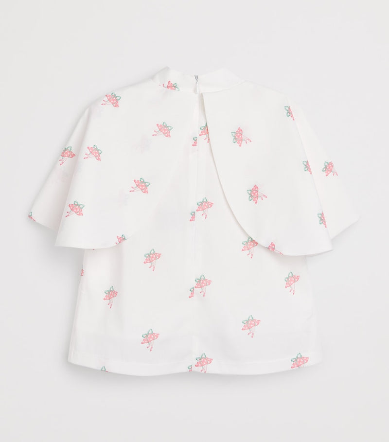 Mama Luma satin tie-neck blouse with mushroom-capped ballet dancers print for girls 3-12 years, imported from the UK