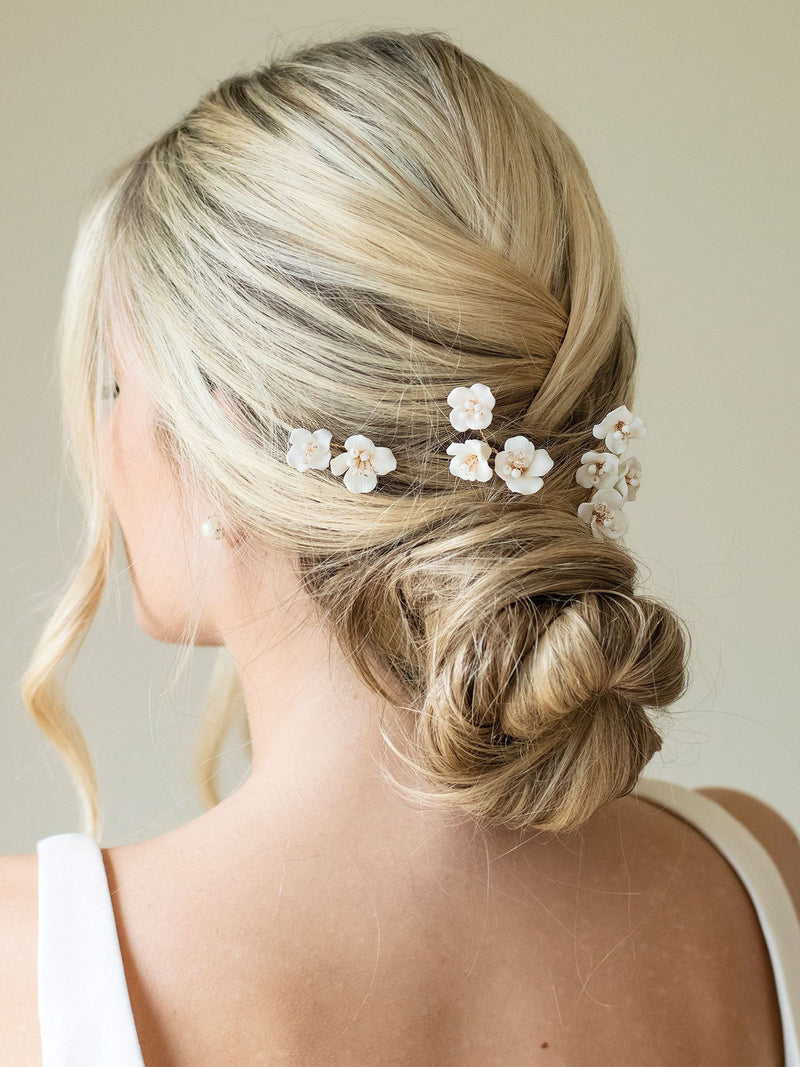 Ceramic and Crystal Floral Hairpin Set in 14ct Gold Plating, 3-Piece Set