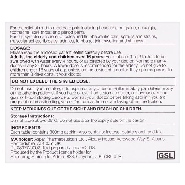 Superdrug Aspirin 16 Tablets 300mg GOODS Superdrug