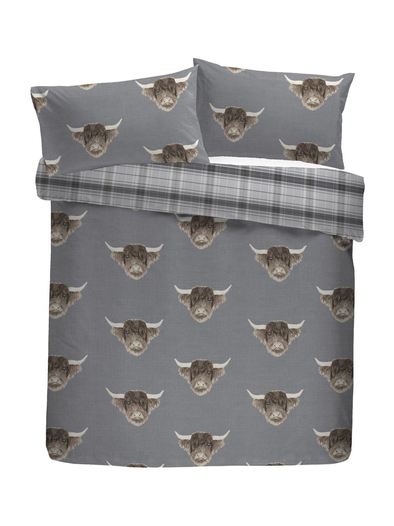 Grey Highland Cow duvet cover and pillowcase set - British product