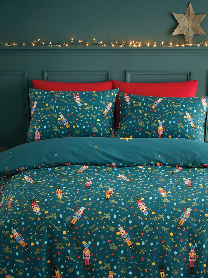 Catherine Lansfield Green Christmas Nutcracker Reversible Duvet Cover Set