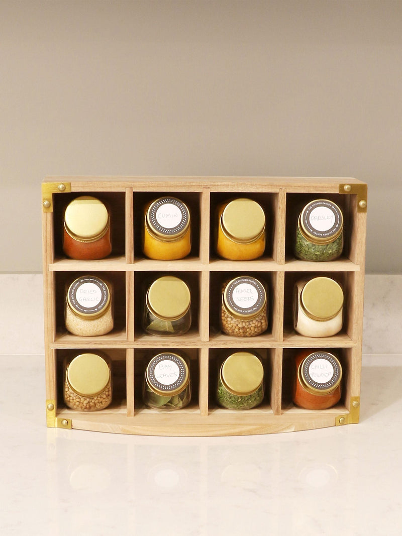 Kitchen Pantry Set of 12 Brown Unfilled Spice Jars & Storage Rack