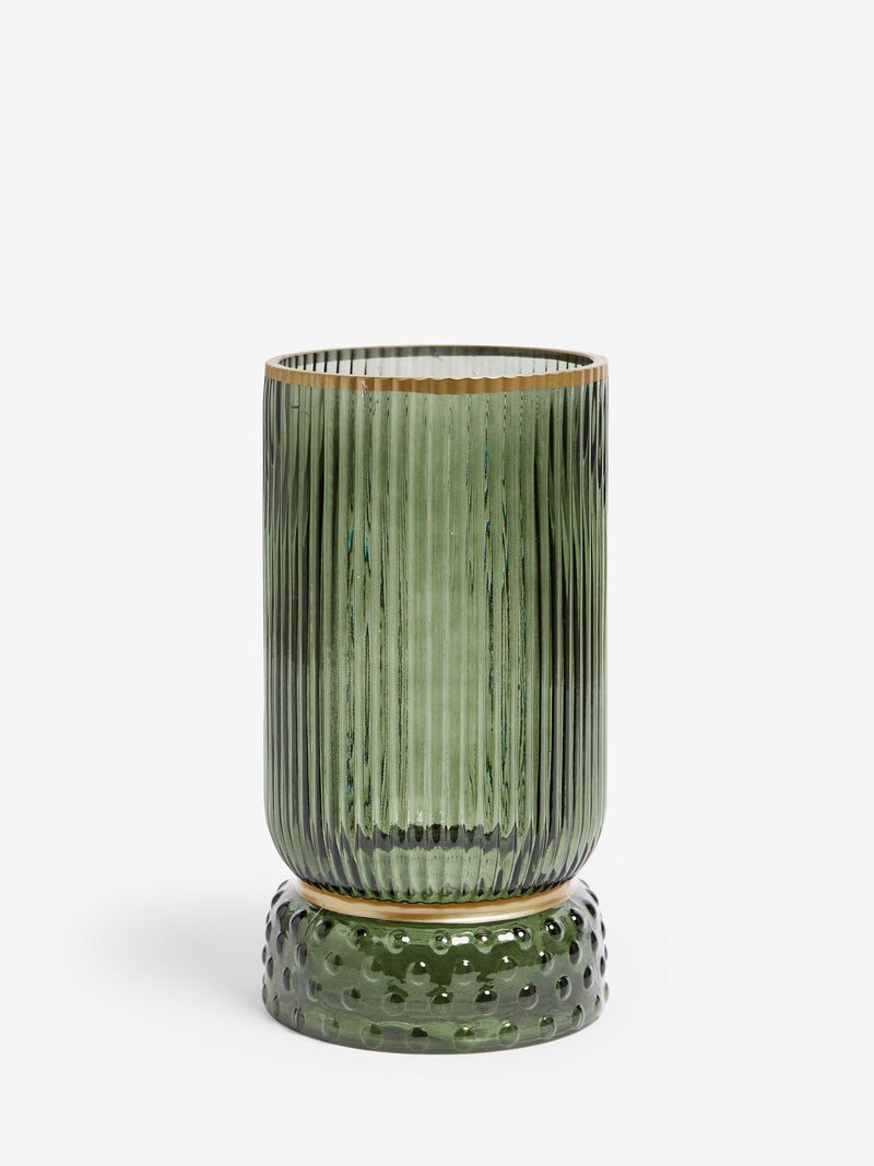 Green ribbed glass hurricane candle holder medium, UK version
