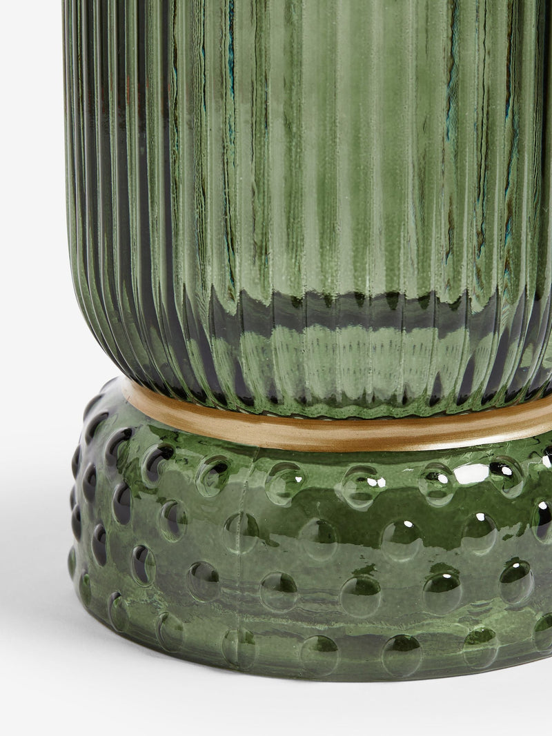 Green ribbed glass hurricane candle holder medium, UK version